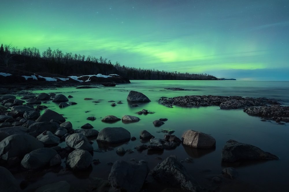 Green Aurora Borealis Over Lake Superior