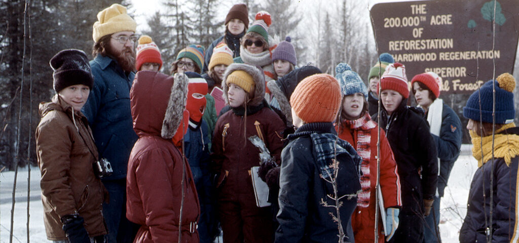 Historical photo of students outside in winter