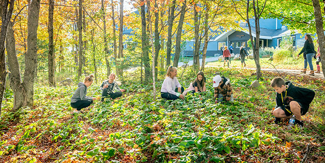 Students in woods near Margaret A Cargill Lodge