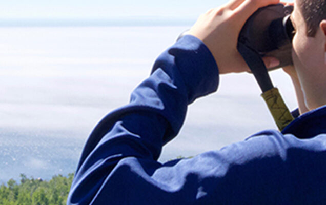 Person with binoculars viewing Lake Superior at Wolf Ridge