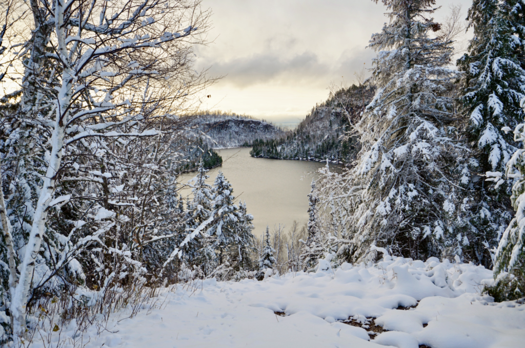 Snowy winter lake outdoors