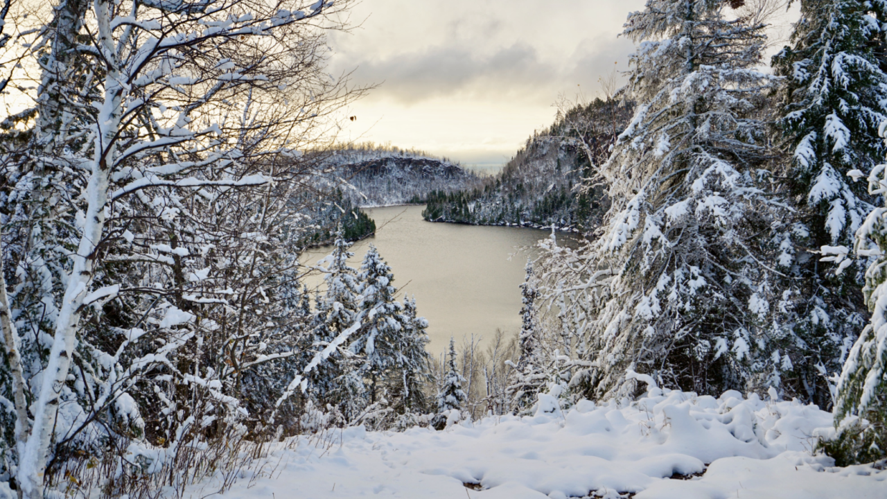 Snowy winter lake outdoors